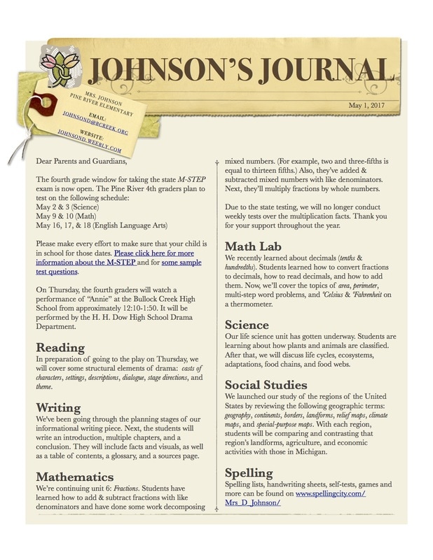 Classroom Newsletter 5 1 17 Ms Johnson S Class